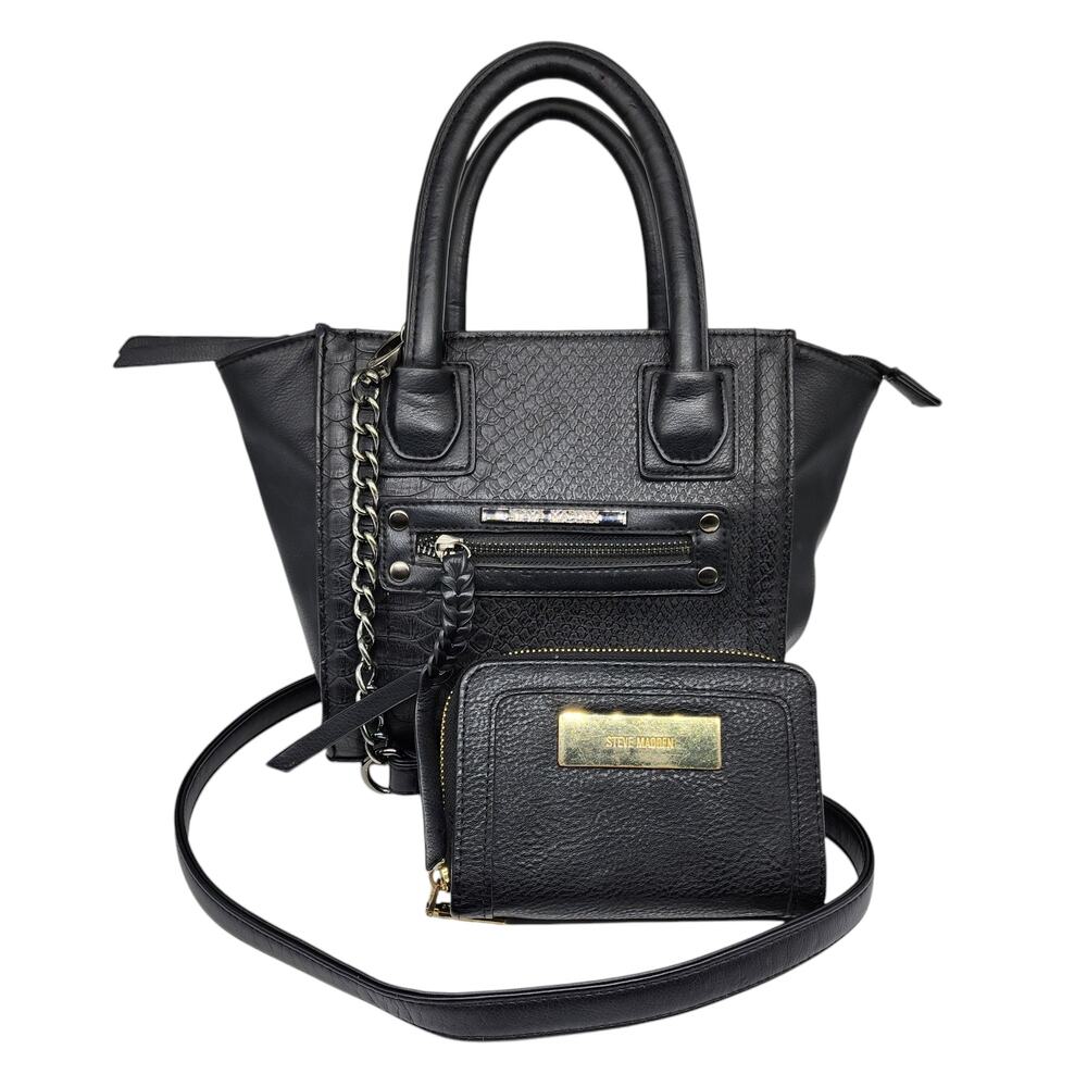 Steve Madden Purse and Wallet Set Black Crossbody Chain Snake Reptile Studded